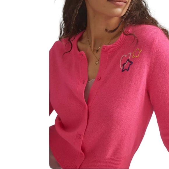 White + Warren x Anthropologie Starry Cashmere S Pink Embroidered Cardi Cardigan - Picture 9 of 9
